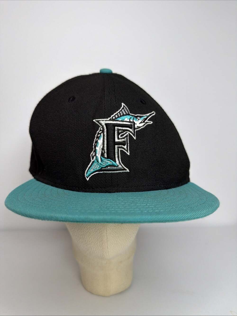 Vintage New Era 59fifty Florida Marlins Fish Fitted Black Teal Baseball Cap Sz8